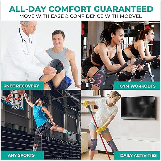 Modvel 2 Pack Knee Brace for Women & Men - Workout Knees Compression Sleeve for Knee Pain Relief Joint Support for ACL, Arthritis, Meniscus Tear Knees Brace for Sports, Rodilleras para Gym Fitness