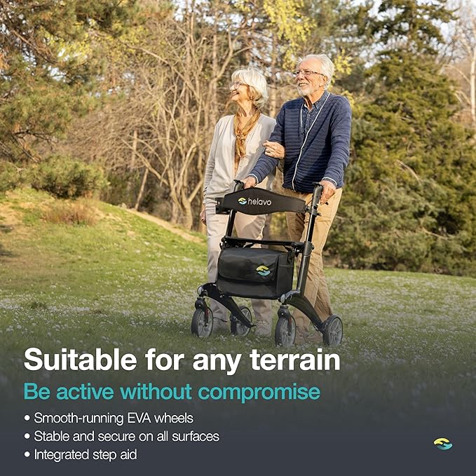Helavo Carbon Ultralight Rollator Walker, 4 Wheel Walker with Seat and Brakes, 300 lbs Capacity, Lightweight (12.3 lbs), 8" Wheels, Height Adjustable Folding Rollator, Black