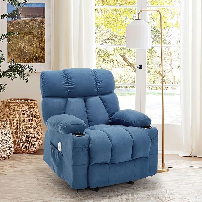 Massage Rocker Recliner Chair with Heat and Vibration Ergonomic Rocking Lounge Chair for Living Room Comfy Overstuffed Recliner with 4 Side Pockets, 2 Cup Holders, Blue
