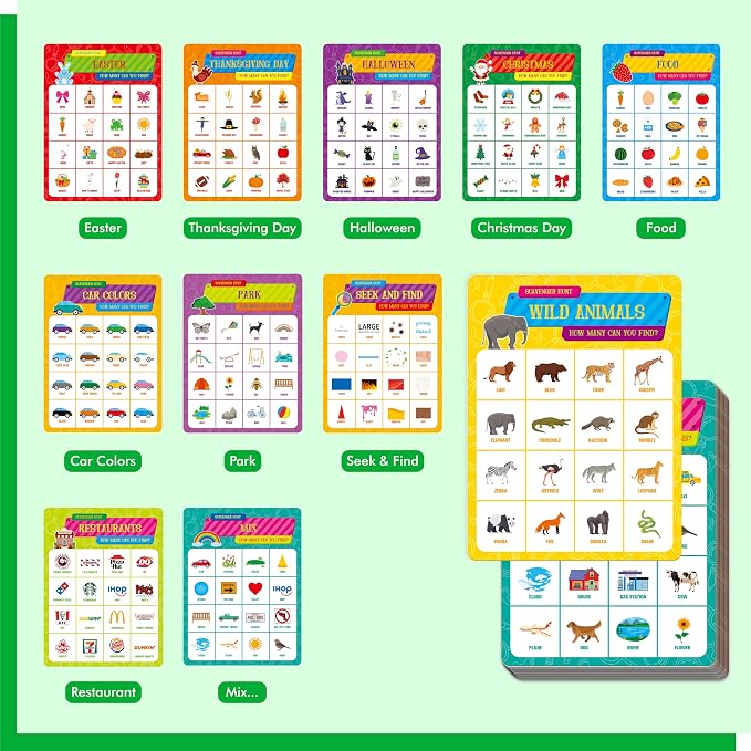 Road Trip Bingo Game, 30 Double-Sided Game Boards (Animal, Holiday, Building, Vehicle Themes ), Dry-Erase Scavenger Hunt Bingo Games for Road Trip, Car Travel, Outdoor Activities for Kid, Adult