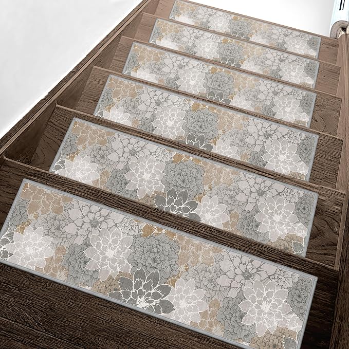 SARBEN 8"x30" Non Slip Stair Treads for Wooden Steps 15 Pack, Taupe Grey | Peel and Stick Carpet Stair Runner with TPE Adhesive Backing, Carpet for Added Safety, Pet and Senior Friendly