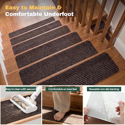 MBIGM Carpet Stair Treads for Wooden Steps, 15 Pack, 8" x 30", Brown Stripe | Four-layer polyester carpet with PP grid base, nonwoven cushion and TPR adhesive backing adds indoor traction and comfort