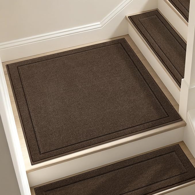 JSEI Non-Slip Stair Landing Rug Mat, 1-Pack 30" X 30", Brown | Edging Stair Treads Corner Indoor Stair Runners for Wooden Steps for Kids and Dogs, 100% Polyester, TPE Backing