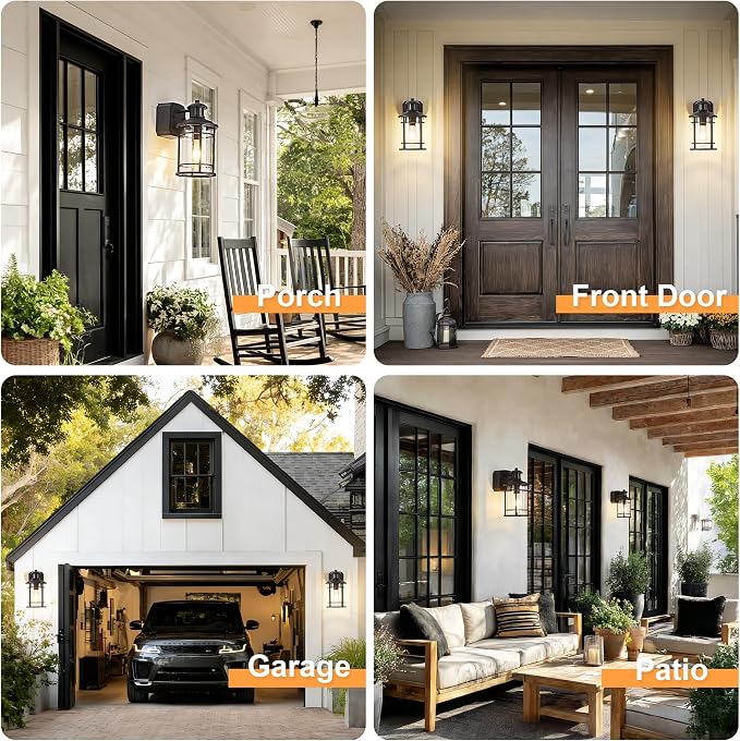 Patio Wall Light Fixture with Dual GFCI Outlets, Outdoor Light with Outlet, Motion Sensor with 3 Sensor Modes & Dusk-to-Dawn, Vintage Industrial Black Outdoor Lantern, for Porch Patio Garage Entryway