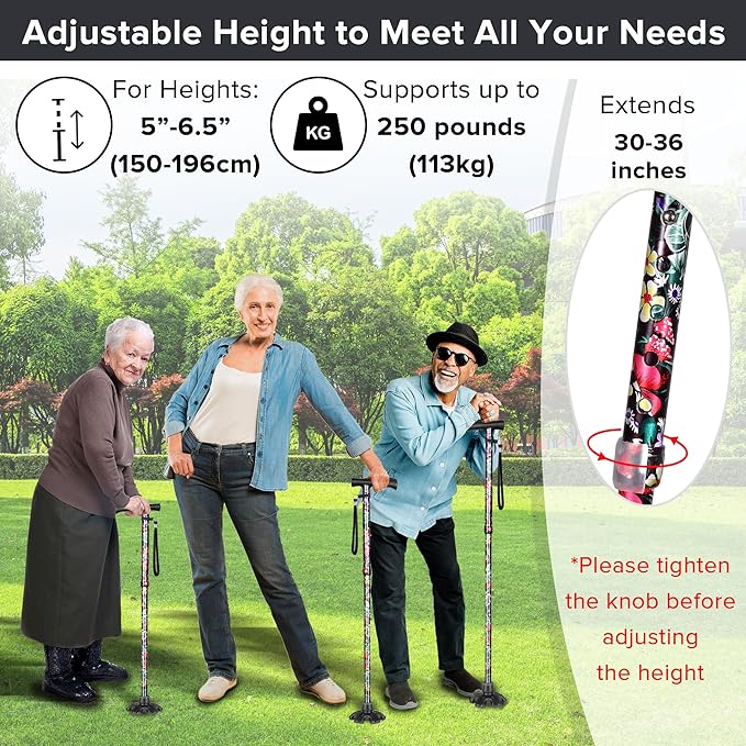 Floral Canes for Women Folding Cane for Stability with Non-Slip Base, Adjustable Walking Cane for Seniors - Lightweight Collapsible Walking Sticks with T & Offset Handle