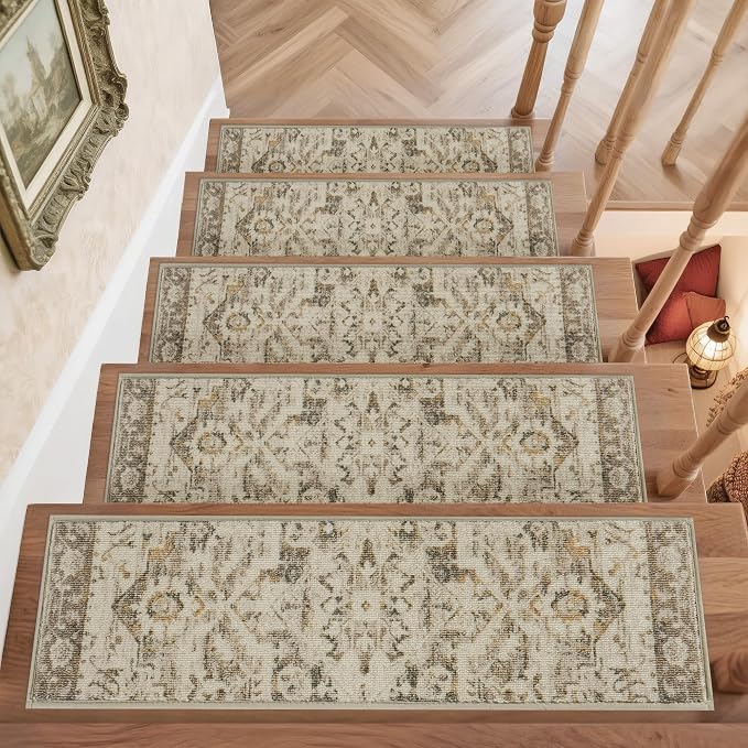 COSY HOMEER Stair Treads for Wooden Steps Non Slip Washable 8" X 30" 15pcs | Self Adhesive,Peel and Stick,Soft Carpet Stair Treads for Kids,Elder,Pet,Residue Free,Reusable Stair Runner,Multi-Surface Use