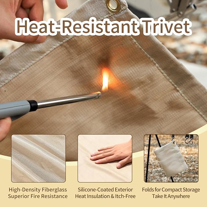 Fireproof Camping Blanket - Heat-Resistant Fiberglass Mat for Outdoor Cooking, BBQ & Emergency (Khaki 12" x 12")