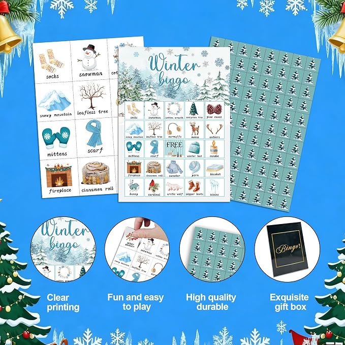 Christmas Party Bingo Game Cards, Winter Bingo Set for Adults Large Group, Winter Holiday Fun Party Games, Xmas Activities Icebreaker Games, for Family Friends, 02
