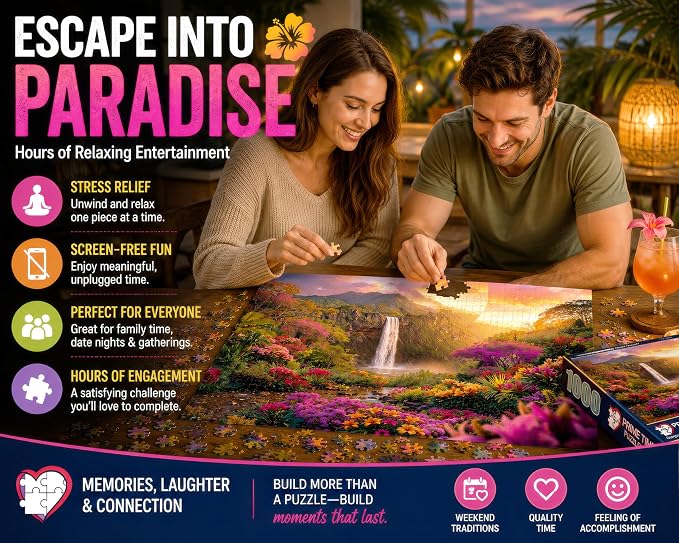 Adult Jigsaw Puzzle Hawaiian Waterfall 1000 Piece | Features a colorful tropical flowers and waterfall sunset scene. Great for game nights on a table, puzzleboard, or floor.
