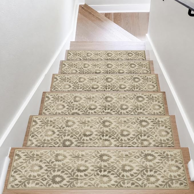COSY HOMEER Stair Treads for Wooden Steps Indoor with TPE Backing,4Pcs | Non-Slip Carpet Stair Treads, Soft Peel and Stick Stair Runners,Pet-Friendly Stair Runner Washable Reusable,Vine