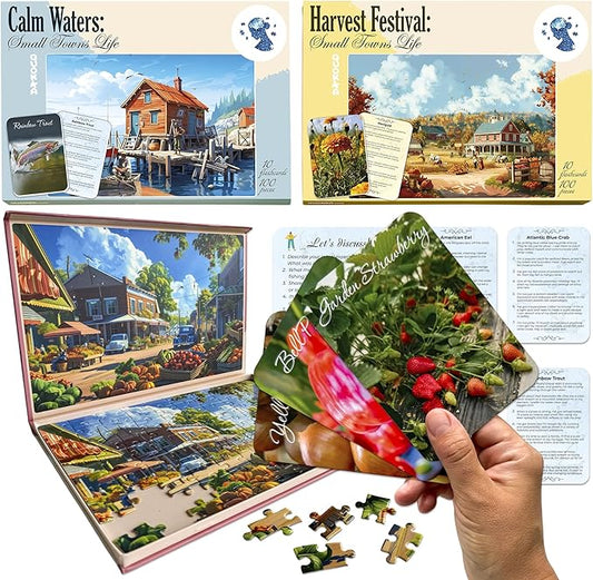 QUOKKA 100 Pieces Dementia Puzzles for Elderly - 3SET Large Piece Puzzles for Seniors - 9 Memory Flashcards with Facts I 25 Discussion Prompts per Puzzle - Alzheimer's Activities Products for Elderly