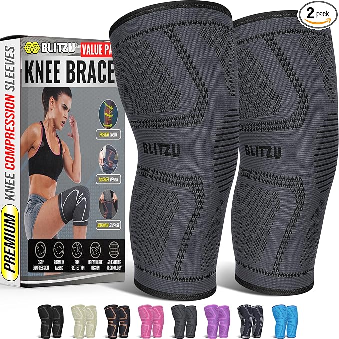 BLITZU Knee Sleeves for Men and Women 2 Pack, Compression Knee Brace for Running, Workout, Sports, Knee Braces for Meniscus Tear, ACL, Arthritis, Joint Pain Relief and Injury Recovery Grey S