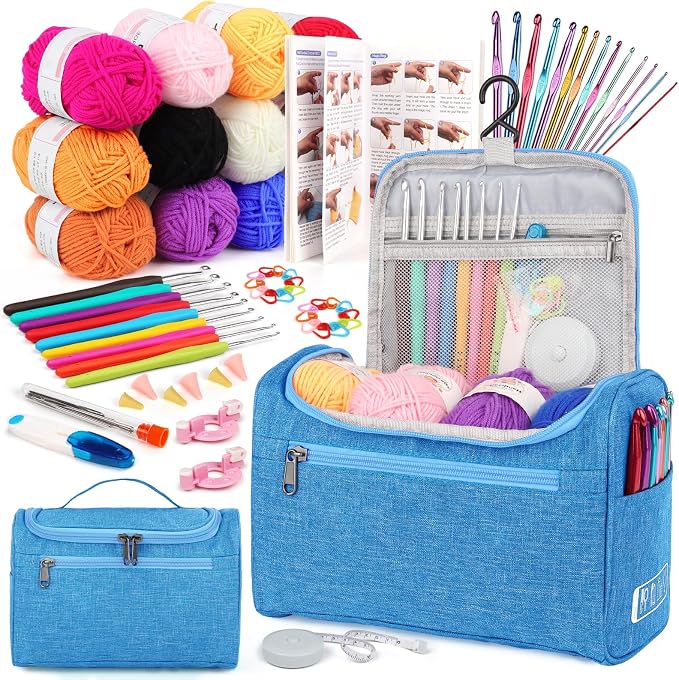 Aeelike Crochet Kit for Beginners Adults Kids, Complete Crochet Kits, Blue | Crochet Kit for Beginners Young and Old, All-inclusive Kit with Crochet Hooks 655 Yards Yarn Instruction Knit Bag, Ideal Gift