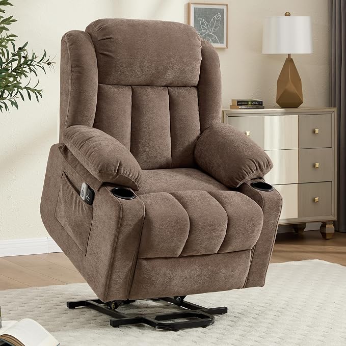 Power Lift Recliner Chair for Elderly with Massage and Heat, Recliner Chairs for Adults, Upgraded Fabric Reclining Sofa Chair with USB & Type-C Ports, L1288 (Coffee Brown)