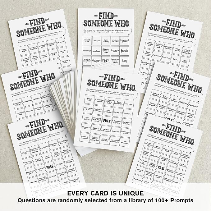 Find Someone Who Bingo Cards, 25 Unique Randomized 5x7 Sheets, Get to Know You Bingo Game for Adults, Ice Breaker Office Party Games, Team Building Games for Work, High Replay Value - B005