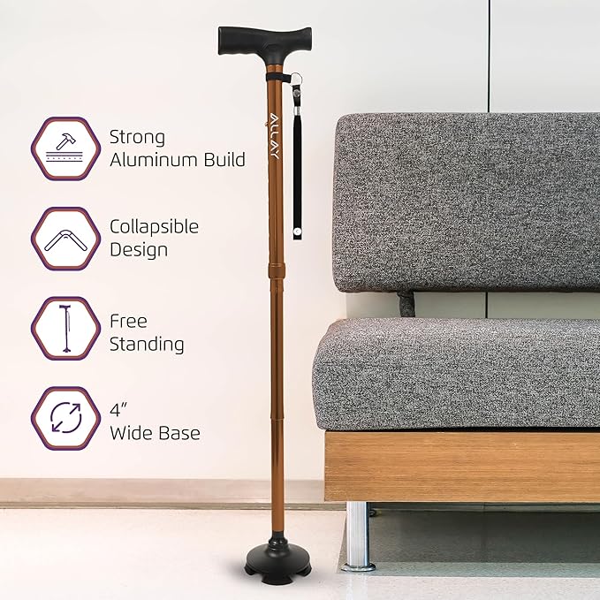 Allay Walking Cane for Men & Women - Foldable, Adjustable, Collapsible Walking Canes for Seniors Balance, Free Standing, Pivot Tip, Heavy Duty, with Travel Bag | Walking Sticks for Seniors & Adults