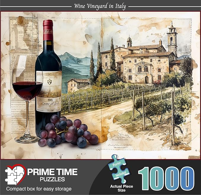 Adult Jigsaw Puzzle 1000 Piece Tuscany Wine | Features a Tuscany vineyard scene with a 1945 bottle and glass of wine before rows of grape vines. Challenging 20x27 inch.