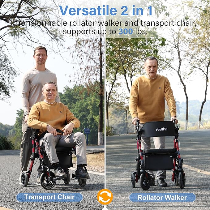 Rollator Walkers for Seniors with Seat, Walker Wheelchair Combo, 2 in 1 Rolling Walker Transport Wheelchair Lightweight Foldable, 10" Big Wheels Transport Chair with Brakes,Red