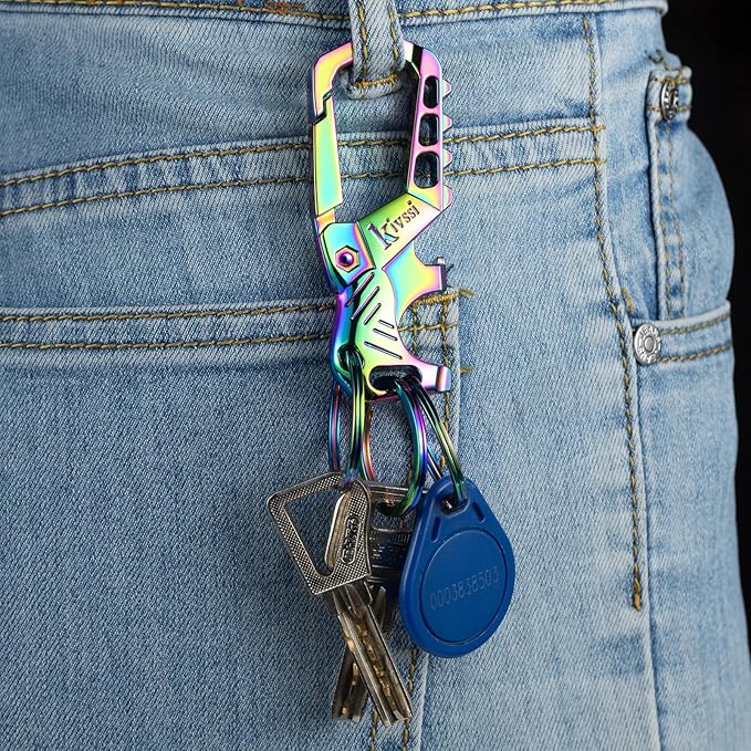 Kivssi Heavy duty metal keychains, Carabiner clip Car key chains,Fashion family keychain bottle opener and 3 Key Rings suitable for men and women.(Black+Multicolor)