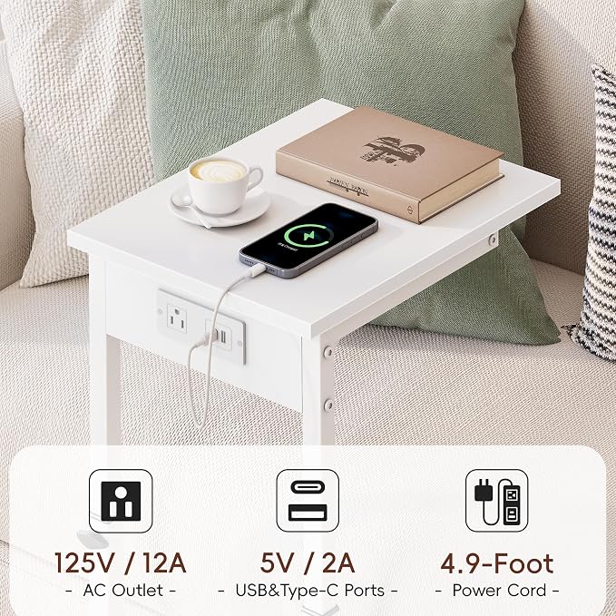 C Shaped End Table with Charging Station, C Table End Table Adjustable Height Sofa Table, Side Table for Couch, Couch Table that Slide Under, TV Tray Arm Table for Living Room,Bedroom, White
