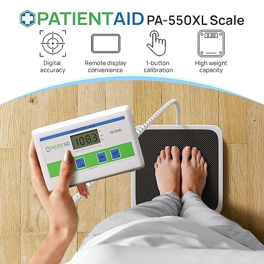 Medical Grade Floor Scale - Portable - Easy to Read Digital Display - Heavy Duty - Home, Hospital & Physician Use - Pound & Kilogram Settings - 12" x 12.5" Platform - 550 lb Limit by Patient Aid
