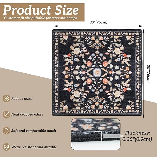 RORA Stair Treads Landing Mat, 30x30 Stair Landing Rug for Indoor | Non-Slip, Washable, For Wooden Steps, Floral Design, Stair Rugs Mat for Pets, Black