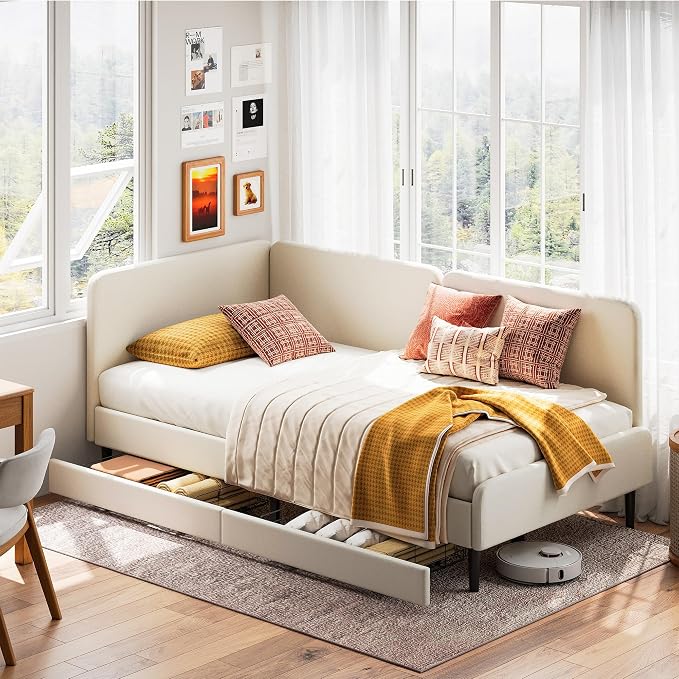 LIKIMIO Twin Daybed with Headboard, 2 Storage Drawers and Guardrails, Cream | No box spring needed. Safety rails & drawers. Ideal for dorms, guest rooms, small spaces. Easy assembly.
