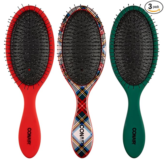 Conair Detangling Hair Brush Set 3 Pack, Use Wet and Dry and ideal for All Hair Types, Detangler Brushes for Women and girls, gifts for her, Tartan, Red, Green