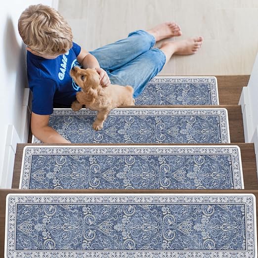 Floral Stair Runner Non Slip 15 Pack Stair Treads 8x30 | 15PCS Wooden Steps Stair Treads 8x30 Inch, Stain Resistant Washable Stair Carpet Rug Silicone Backing, Kids Elders