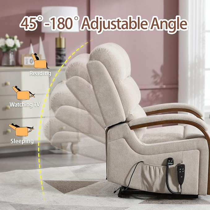 Power Lift Recliner Chair for Elderly People, Dual Motor Lift Chair with Vibration Massage and Heat, Lay Flat Recliner with Solid Wood Armrest, Standing Assistance Reclining, Chenille Fabric Beige