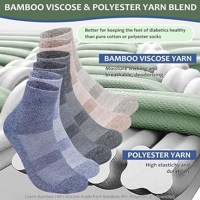 Bulinlulu Bamboo Viscose Diabetic Socks, 6 Pairs Non Binding Ankle Socks, Reinforced Toe, Size 6-9/9-11/13-15