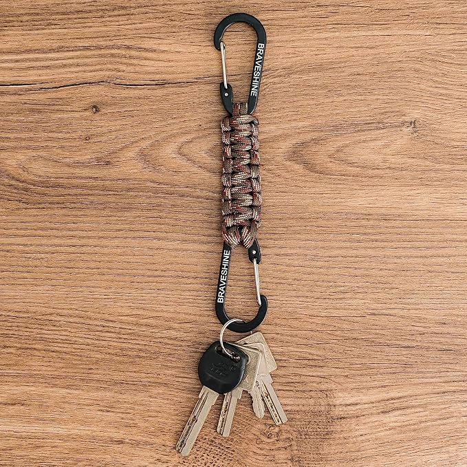 BRAVESHINE Paracord Keychain Carabiner Clip | D Ring Hanger Lanyard Hook | 7.3inch Long | for Stroller, Water Bottle, Key, Backpacks, Men, Women, Luggage, Car Seat Headrest, Fence, Bag Charms