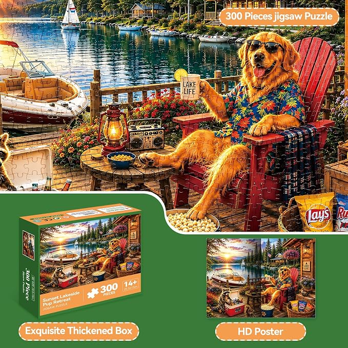 300 Piece Jigsaw Puzzle for Kids & Adults – Lake Life Scene with Golden Retriever, Boat, Cabin, Sunset Lake View & Outdoor Deck, Family Puzzle Gift for Boys Girls Ages 8+, 20.5 x 15 in