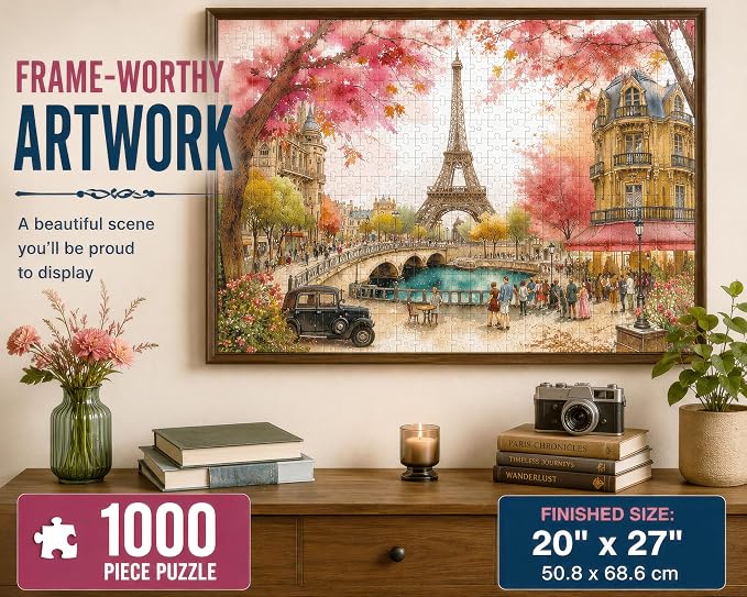 Adult Jigsaw Puzzle 1000 Piece Paris Romance | Features a whimsical Eiffel Tower spring scene. 20x27 inches. Great for game nights on a table, puzzleboard, or floor.