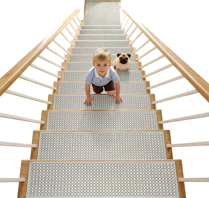 Chenille Stair Treads for Wooden Steps 8"x30" (4 Pack), Ultra Soft Non-Slip Carpet Stair Runners Indoor, Peel and Stick Self-Adhesive Step Rugs for Kids & Dogs, Machine Washable, Gray