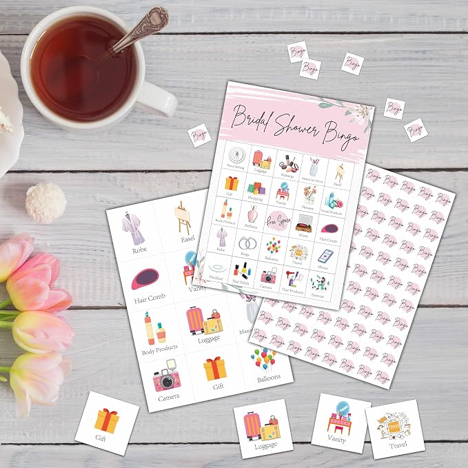 Bridal Shower Bingo Games - Blush Pink Floral Bingo Card - 24 Players Bingo Game Set for Adult Family Friends - Bachelorette Party / Wedding Shower Activities - Engagement Party Favors Supplies -C03