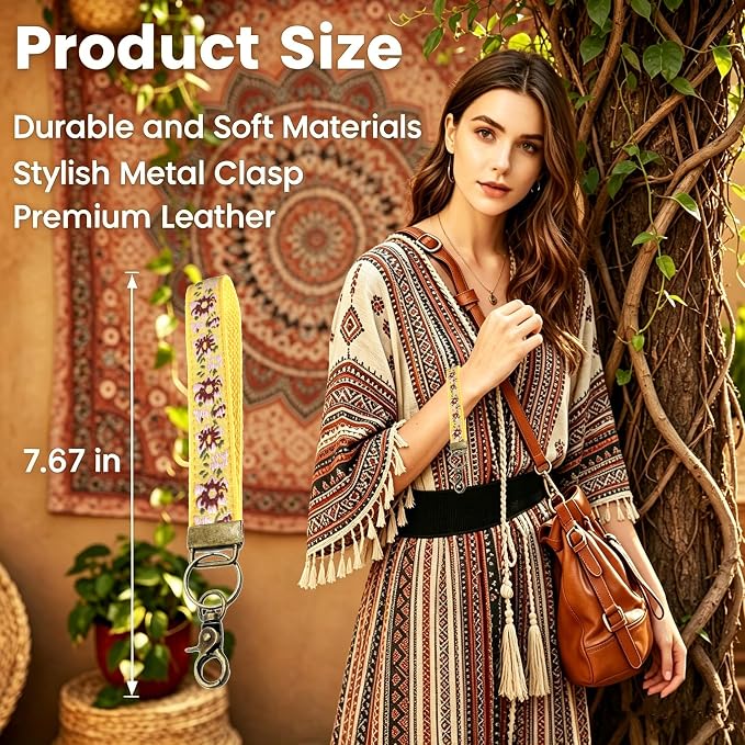 Boho Vintage Embroidered Floral plant Wristlet Keychain for Women | Cute Lanyard&Antique Brass Clasp, Lightweight Hands-Free Key Holder for keys,purses,handbags and daily outdoor use for ladies