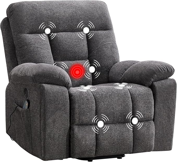 Large Power Lift Recliner Chair with Massage and Heat for Elderly Big and Tall People, Overstuffed Wide Recliners with 2 Cup Holders, Side Pocket and USB Port, Dark Grey