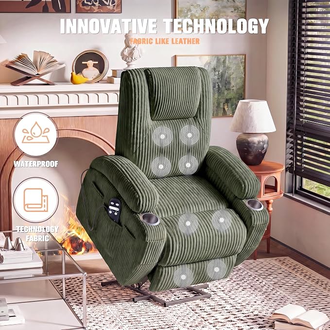 Flamaker Power Lift Recliner Chair Electric Lift Recliner for Elderly | Power Lift Recliner Chair with Cup Holders Side Pockets for Living Room (Corduroy, Green)