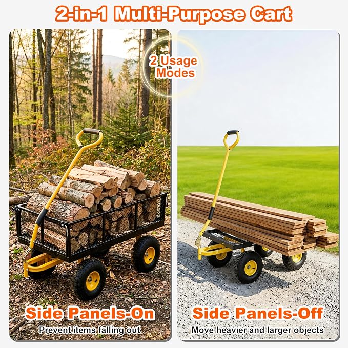 500lbs Heavy Duty Garden Cart, Steel Garden Wagon Cart with Fixedable Rotating Handle for Backyard, Utility Yard Wagon with 10" All Terrain Tires, Mesh Removable Sides