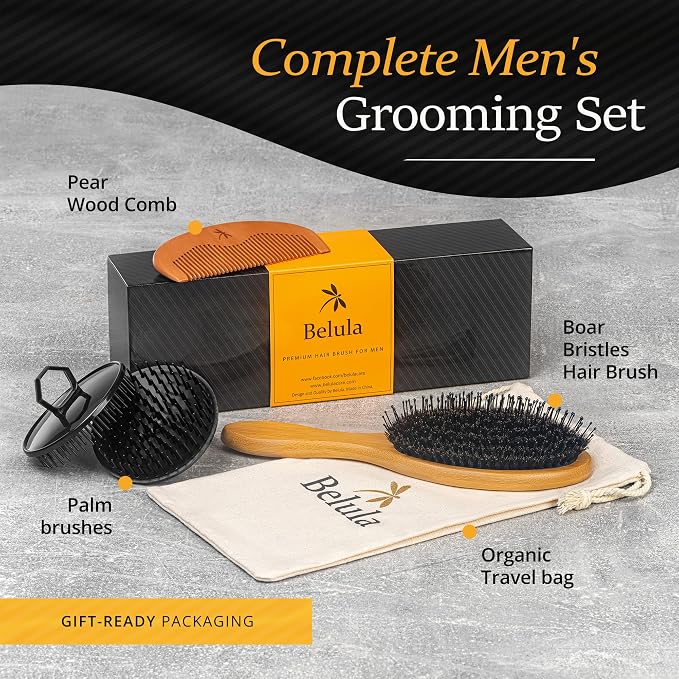 Belula Men's Hair Grooming Set, Boar Bristle and Nylon Pin Brush, Comb, Bag | Boar bristle brush, nylon pin brush, wooden comb, 2 palm brushes, travel bag, 5 piece set, massages scalp, boosts shine