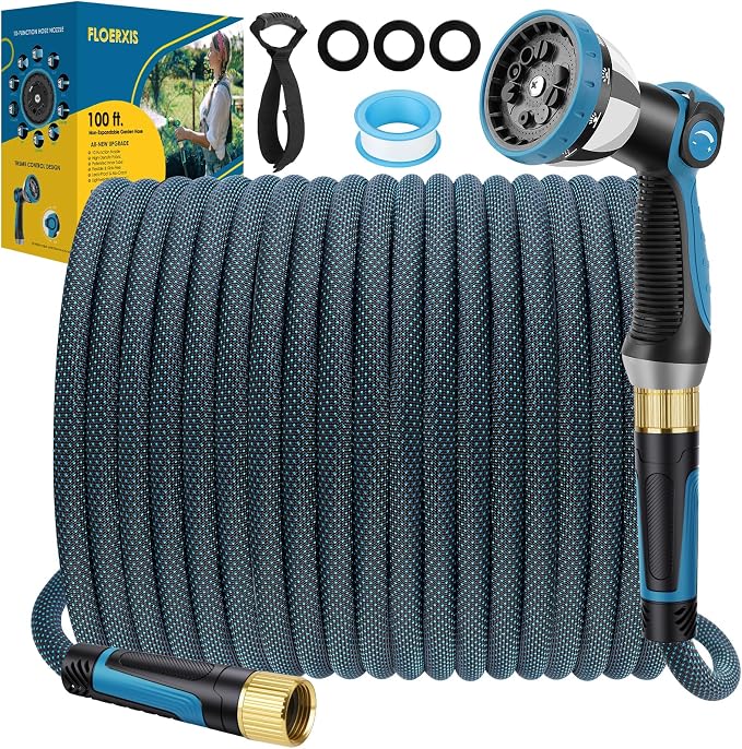 Non-Expandable Garden Hose 100 FT, Lightweight Hose with 10 Function Spray Nozzle, Kink-Free Flexible Water Hose, Durable, Leak-Proof, 360° Swivel Connectors, Portable Storage Strap