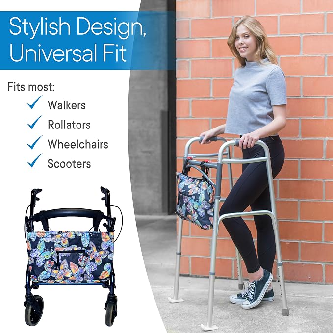 RMS Water Resistant Tote Bag for Walker and Scooter (Butterfly) | Walker Bag and Organizer, Carry a phone, wallet and personal items on a walker, rollator or scooter within easy reach