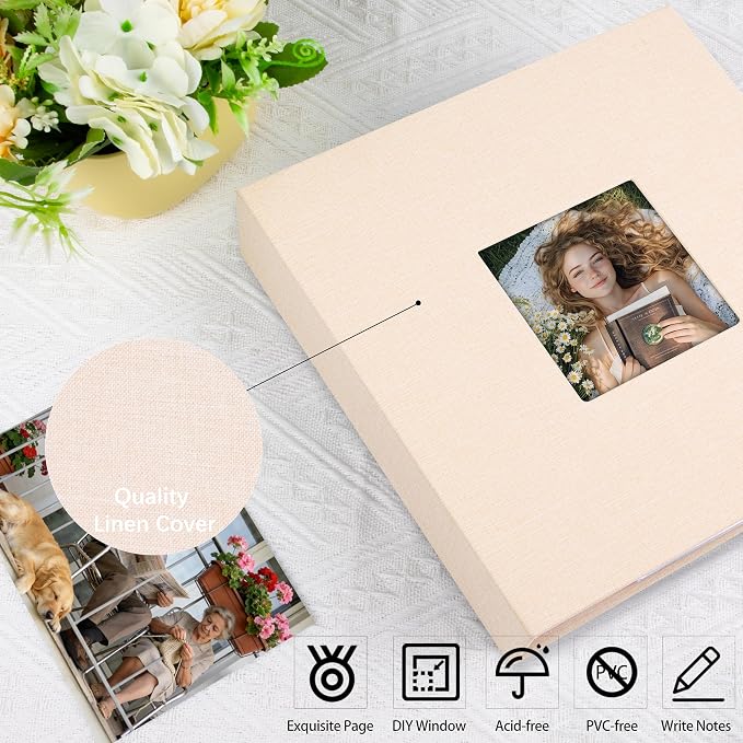 4x6 Photo Album Holds 240 Photos with Writing Space, Linen Cover Picture Book with Front Window for Family Wedding Baby Travel & Graduation Memories, Beige