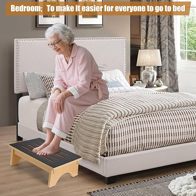 Wooden Step Stool, Bed Steps for High Beds for Adults Elderly with Non-Slip Rubber Surface, Heavy Duty One Step Stool for Bed with 450 LBS Capacity for Bedroom Kitchen Bathroom, or Bedside