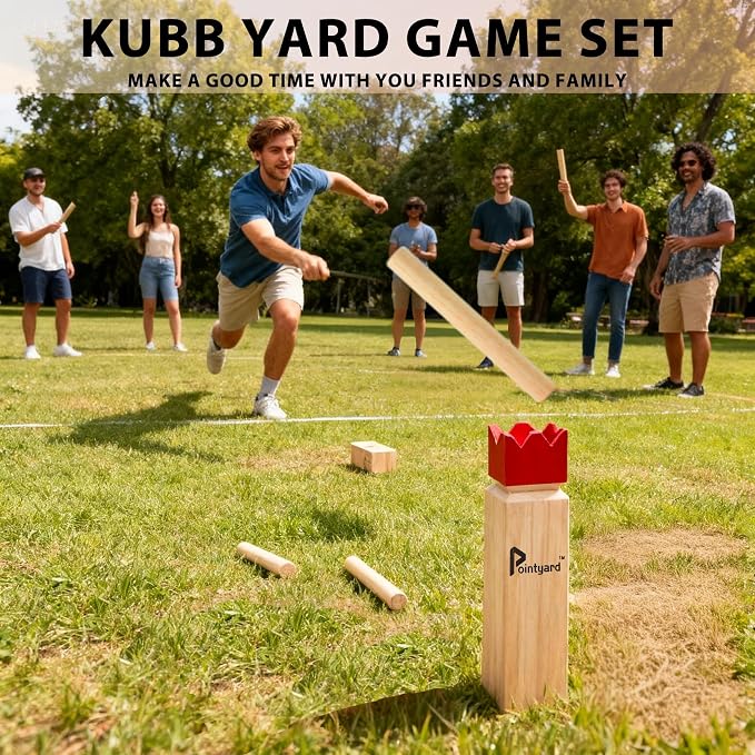 Kubb Yard Game Set Viking Chess Outdoor Hevea Hardwood Toss Game for Adults & Families - with 10 Blocks, 6 Batons, Carrying Bag | Perfect for Backyard Lawn Beach Party BBQ Camping
