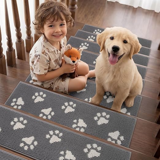 DEXDE Stair Treads for Wooden Steps Non-Slip Stair Runner, 7pcs 30"x8" Grey | Carpet Stair Treads Non Slip Backing Indoor, Soft Washable Stair Runners Self-Adhesive Staircase Rugs for Kids Pets Elders