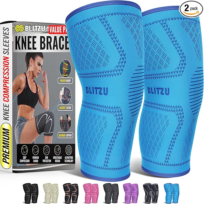 Knee Brace for Meniscus Tear 2 Pack, Knee Compression Sleeve for Men and Women, Knee Support for Arthritis, Swelling, Inflammation, ACL, Pain Relief, Running, Workout, Sports and Recovery Blue L