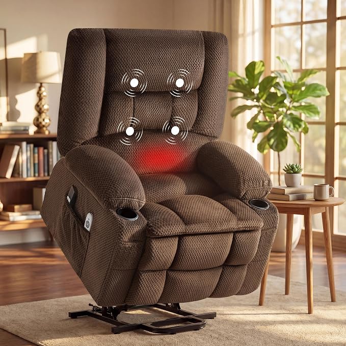 Power Lift Recliner Chair for Elderly, Electric Reclining Lift Chair with Massage and Heating, Comfy Overstuffed Recliner Single Sofa with Cup Holders, Pockets, USB Charge Port for Living Room, Brown