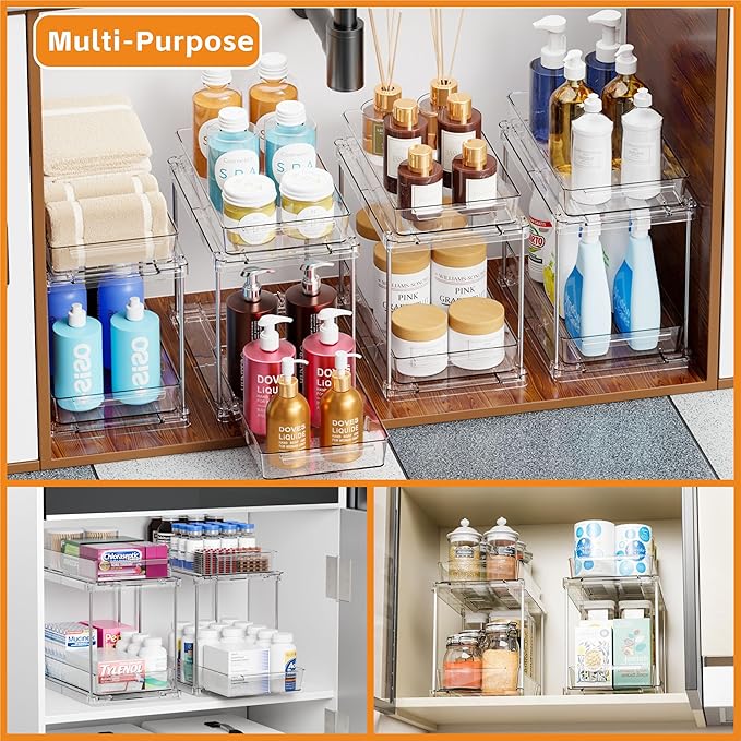 Yieach 2 Pack 10.6″ High Pull Out Medicine Cabinet Organizer for Vitamin,Pill Bottle and Supplement,2 Tier Slide out Under the Sink Organizer,Bathroom Vanity Storage and Cupboard Undersink Organizers